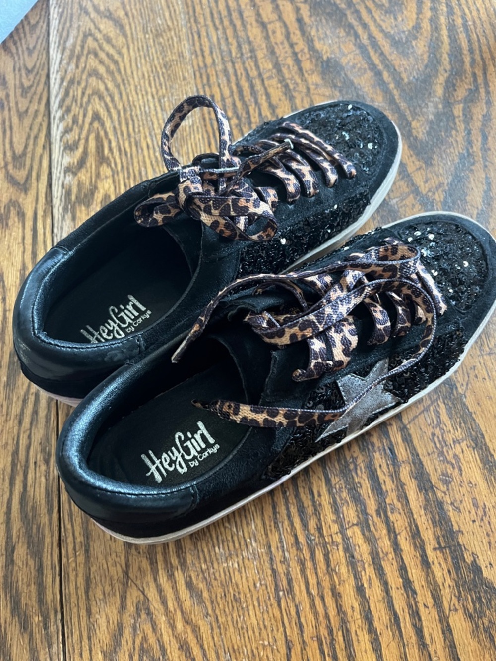 Hey girl by corky Black Glitter Sneakers with Leopard Ribbon Laces